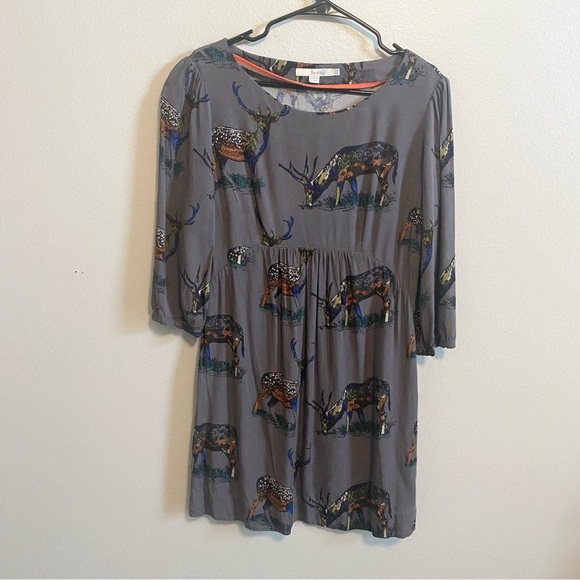 Boden Gray Colorful Elk Grazing Viscose Mini Swing Dress Size US 8 - Picture 1 of 6